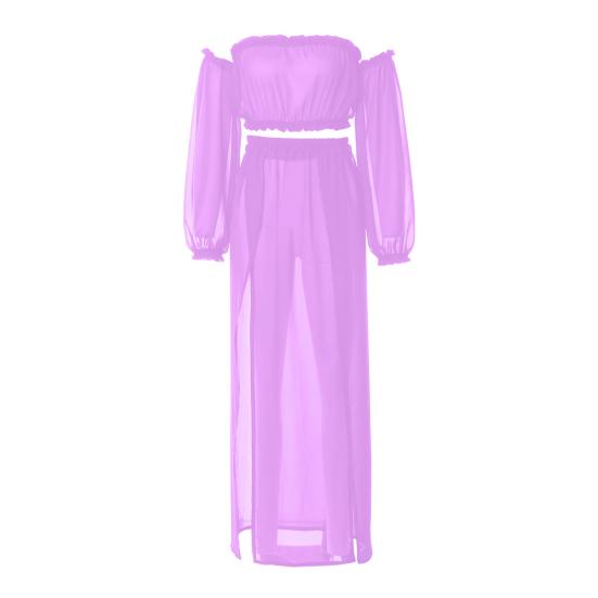 2Pcs/Set Bikini Cover Up Mesh Puff Sleeves Ladies Sexy Pure Color Crop