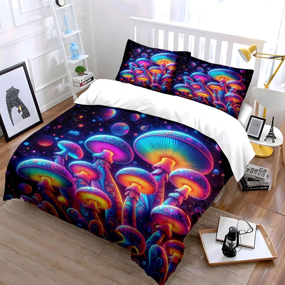 Colorful Glowing Mushroom Print Bedding Duvet Cover Set Duvet Cover Pillowcases (1 * Duvet Cover 2 * Pillowcases, without duvet insert)