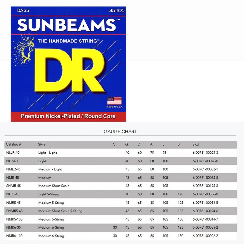 Струны для бас-гитары DR 5 струн SUNBEAM никелированные .045-.125 NMR5-45
