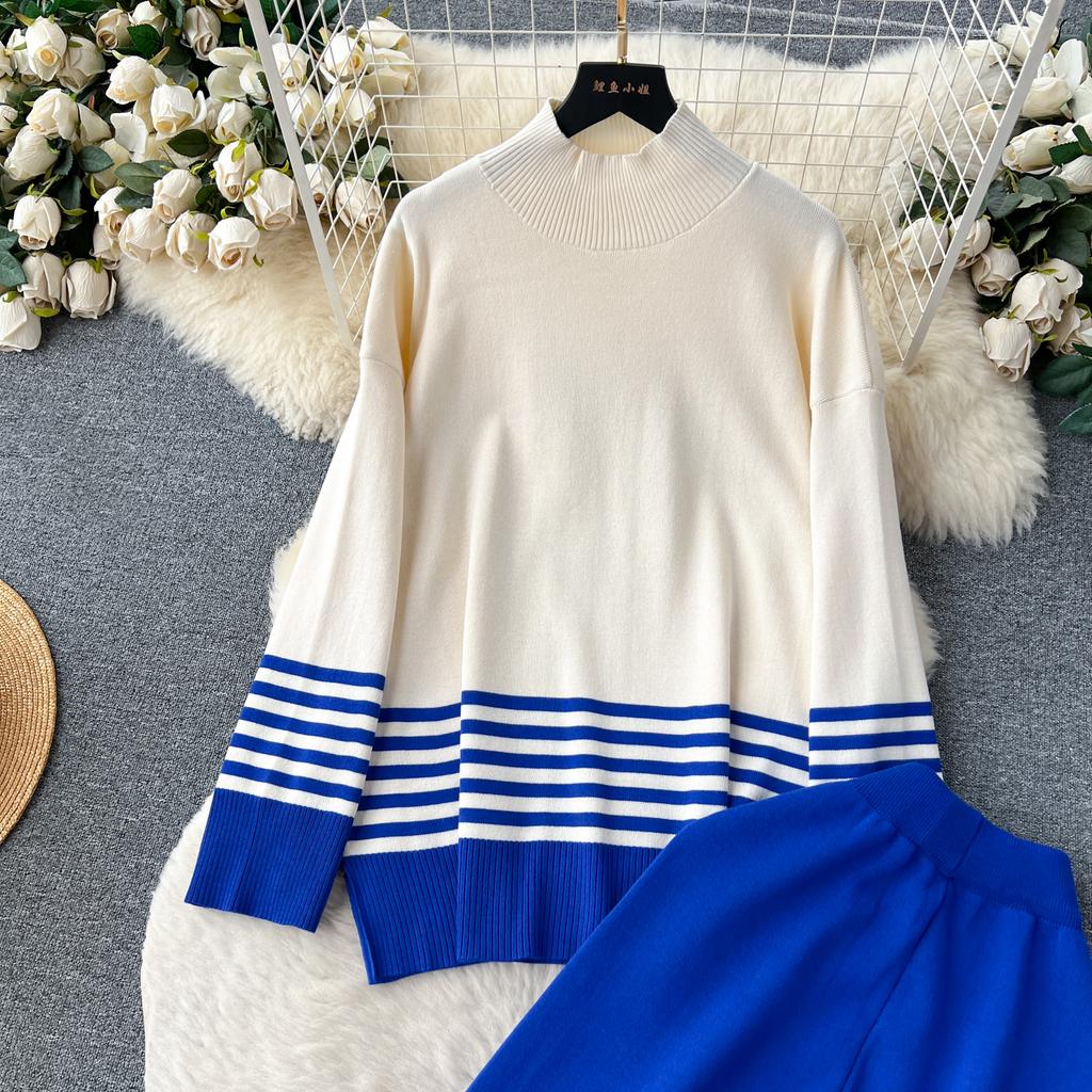 Осень-весна повседневные трикотажные комплекты с высоким воротником в полоску пуловер с разрезом + широкие длинные брюки женский модный свободный костюм-свитер