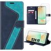 Case for Samsung Galaxy S24 FE (not for S24) - Blue Faux Leather Case Anti-Scratch + 2 Tempered Glasses