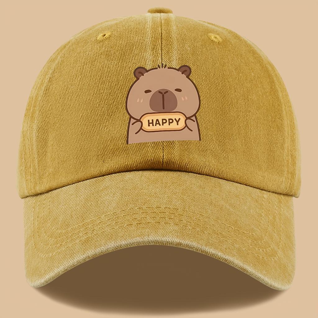pc Capybara Happy Print Trucker Hat Vintage Washed Adjustable Baseball Cap Breathable Unisex Outdoor Sun Hat with Cute Carto
