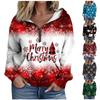 Женская мода рождественский принт длинный рукав свободный полумолния капюшон свитер с карманами