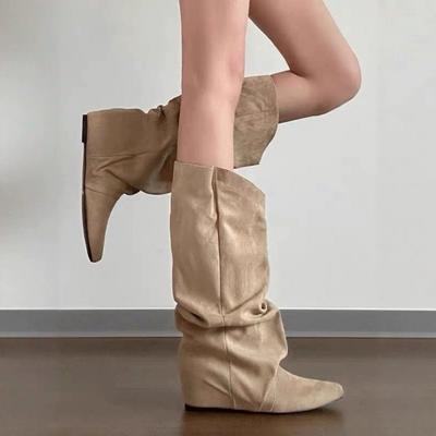 Овчина~ Коричневые ковбойские сапоги в западном стиле Универсальные сапоги-трубы в стиле пустоши Женские сапоги на внутренней платформе, визуально стройнящие, в стиле ретро, длинные