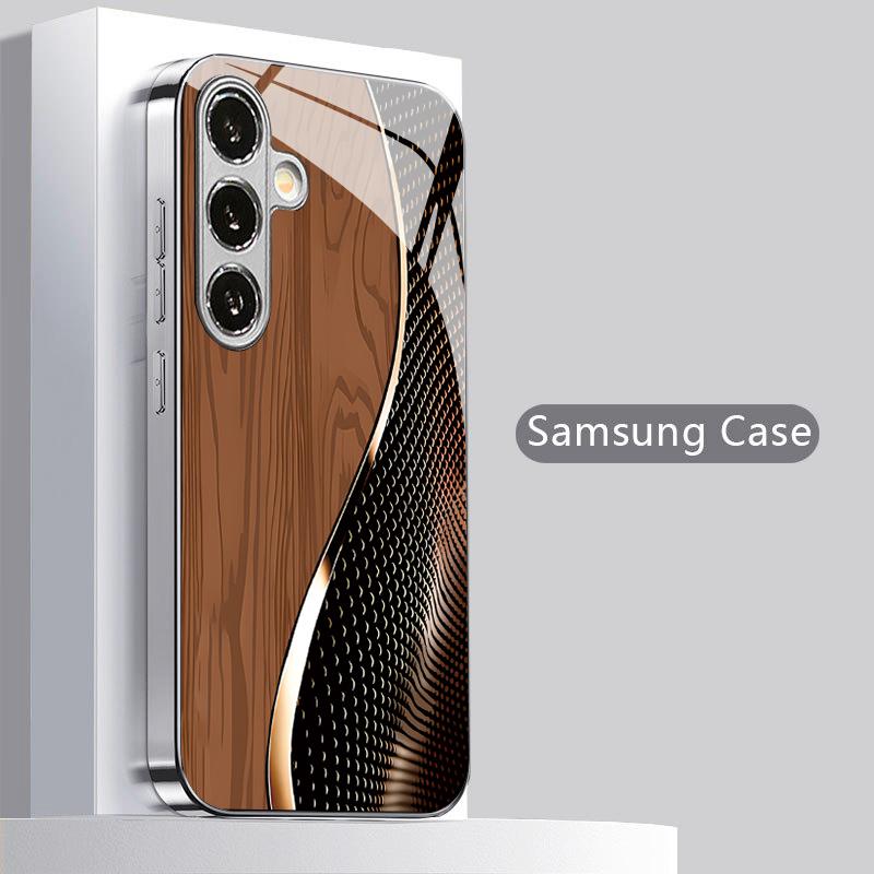 Коричневый Чехол для Телефона с 2D Рисунком Деревянная Сетка для Samsung S26 S25 S24 S23 S22 S21 S20 A56 A36 A16 Электрооцинкованный Стеклянный Защитный Чехол