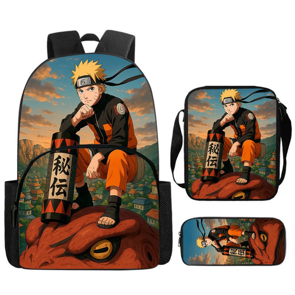 Набор из 3 предметов Школьный рюкзак NARUTO с передним карманом, Сумка через плечо и Пенал, Прочный и легкий, для мальчиков и девочек 5-11 лет