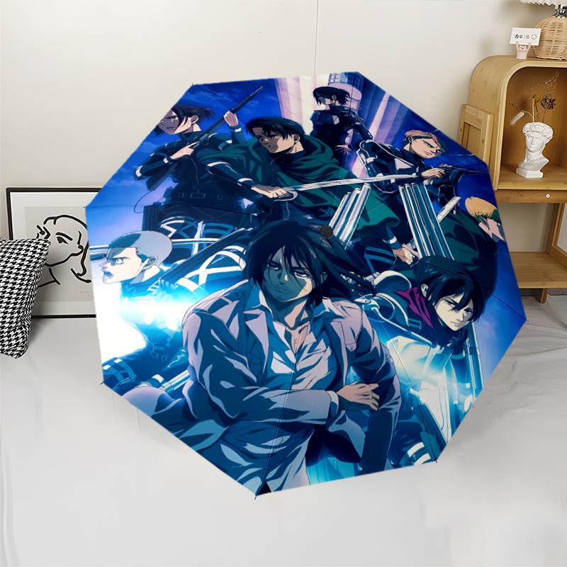 Attack on Titan Print Automatic Umbrella, 8 Rib Iron Frame, Plastic Handle, Suitable for Outdoor Travel &Daily , Ideal Gift