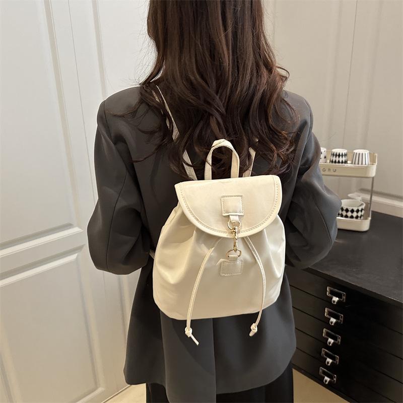 Soft PU Leather Drawstring Flap Backpack, Minimalist Gold Hardware Casual Daily Travel Bucket Backpack For Women