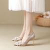 French Crystal Shoes Spring and Autumn New Silver Wedding Shoes Rhinestone Bow Pointed High Heels Women's Stiletto Shoes
