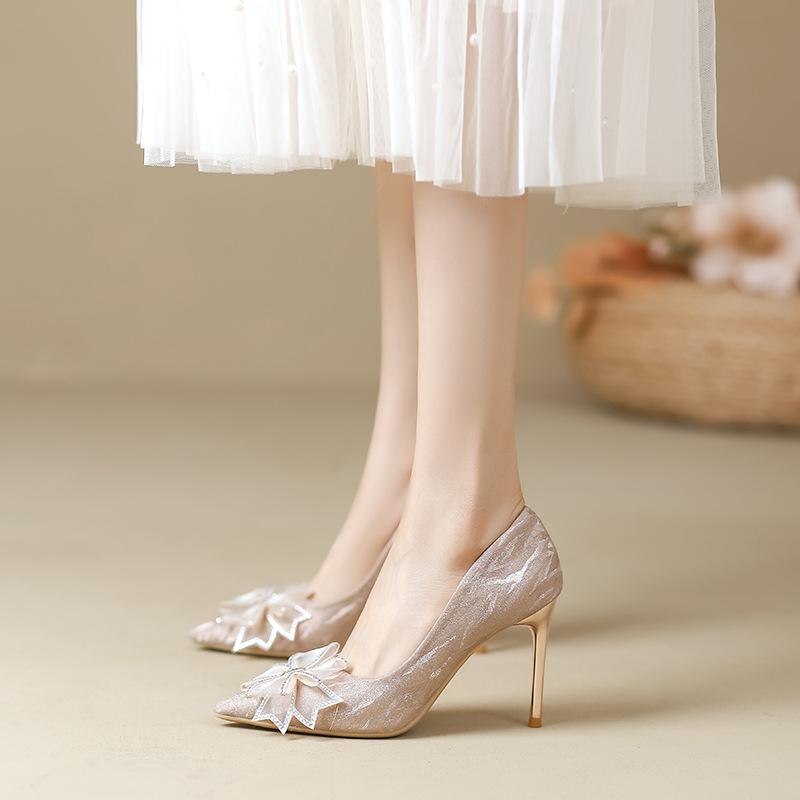 French Crystal Shoes Spring and Autumn New Silver Wedding Shoes Rhinestone Bow Pointed High Heels Women's Stiletto Shoes