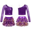 Kids Girls Dance Stage Performance Costume Sparkly Sequins Long Sleeve One Shoulder Top with Tiered Ruffle Skirted Shorts