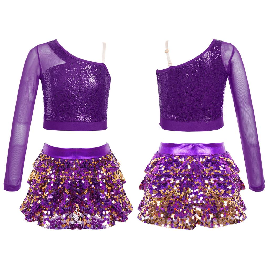 Kids Girls Dance Stage Performance Costume Sparkly Sequins Long Sleeve One Shoulder Top with Tiered Ruffle Skirted Shorts