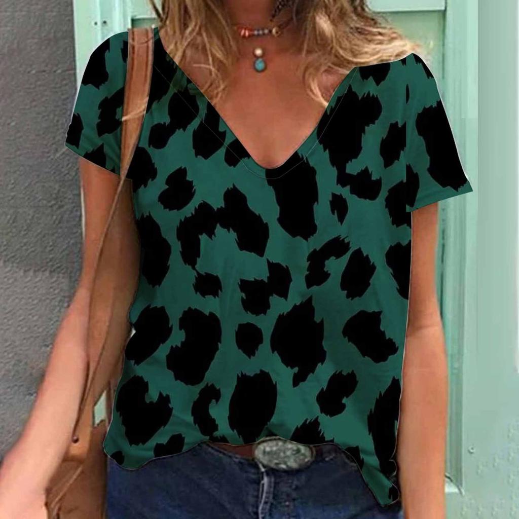 Summer Leopard 3D Print T-shirt Women Casual Fashion Streetwear Short Sleeve V-Neck T Shirt Harajuku Tees Tops Oversize Clothing