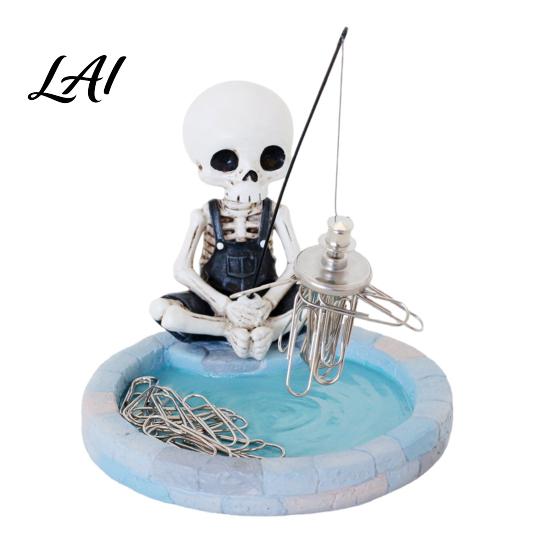 Magnetic Fishing Stationery Holder Skeleton Paperclip Holder Funny Skull Office Supplies Organizer Desktop with Storage Tray Resin Decor for