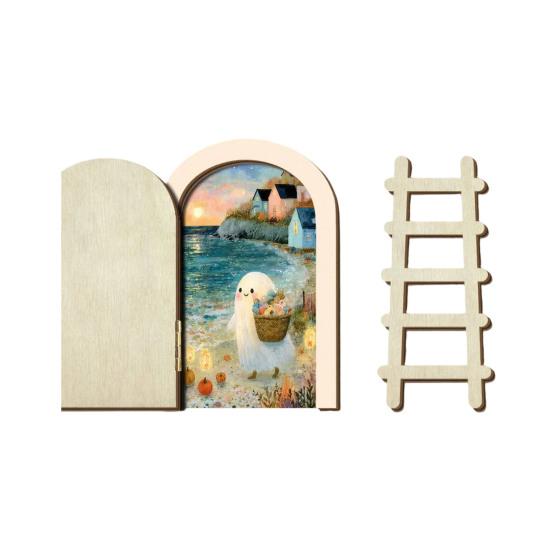 Ghost Shaped Wood Craft Halloween Cute Door Ornaments, Miniature with Ladder, Wooden Ornament 3 Layer Arch for Wall Bookshelf Decoration Eco Friendly