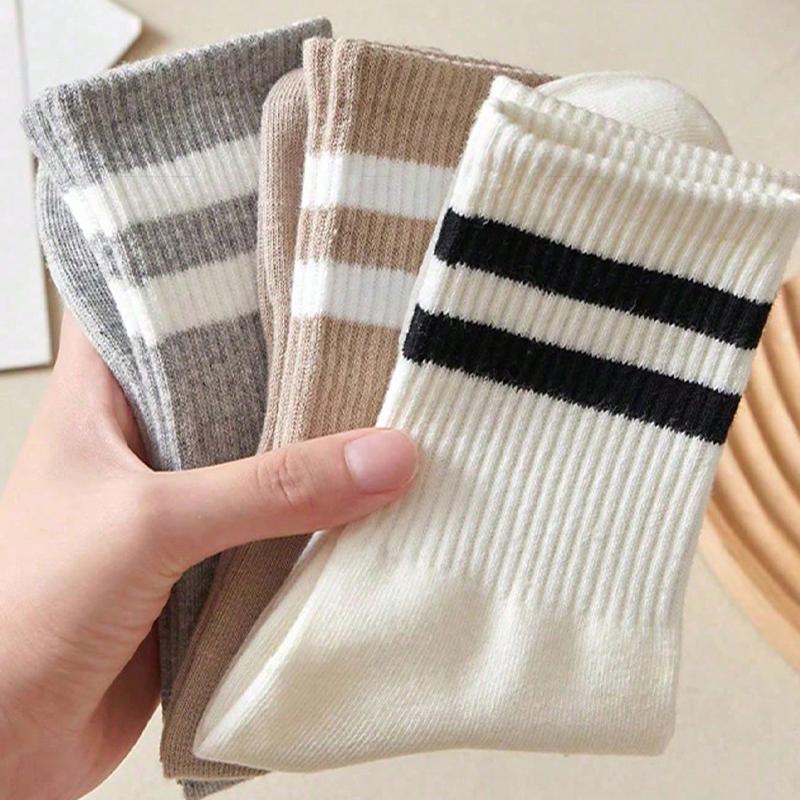 Xiaomi 6 Pairs Women's Mid-Calf Socks Non-Slip Ribbed Cuff 2-Stripe Solid Color Athletic Casual Ankle Socks