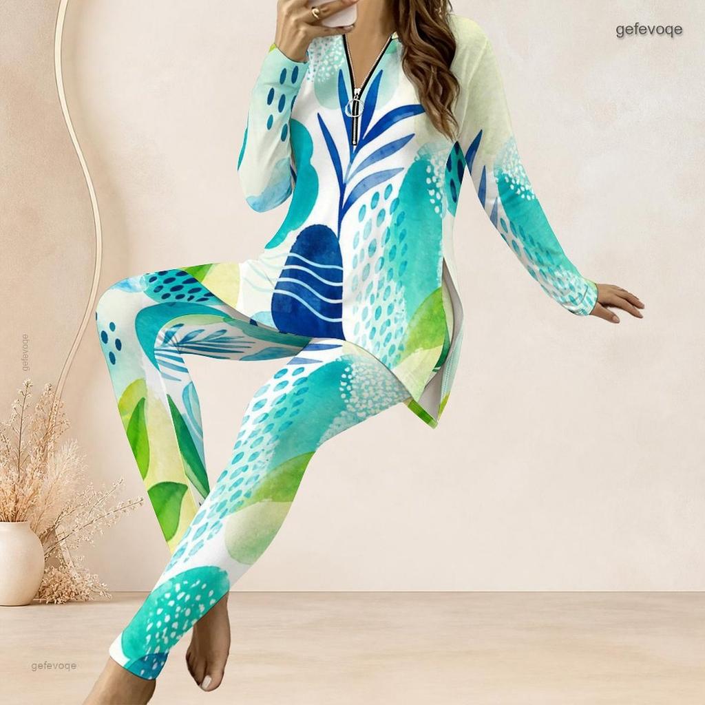 Women Plus Size Beige Blue Orange Printed Two Piece Set Half Zip Long Sleeve Longline Top Fitted Pants
