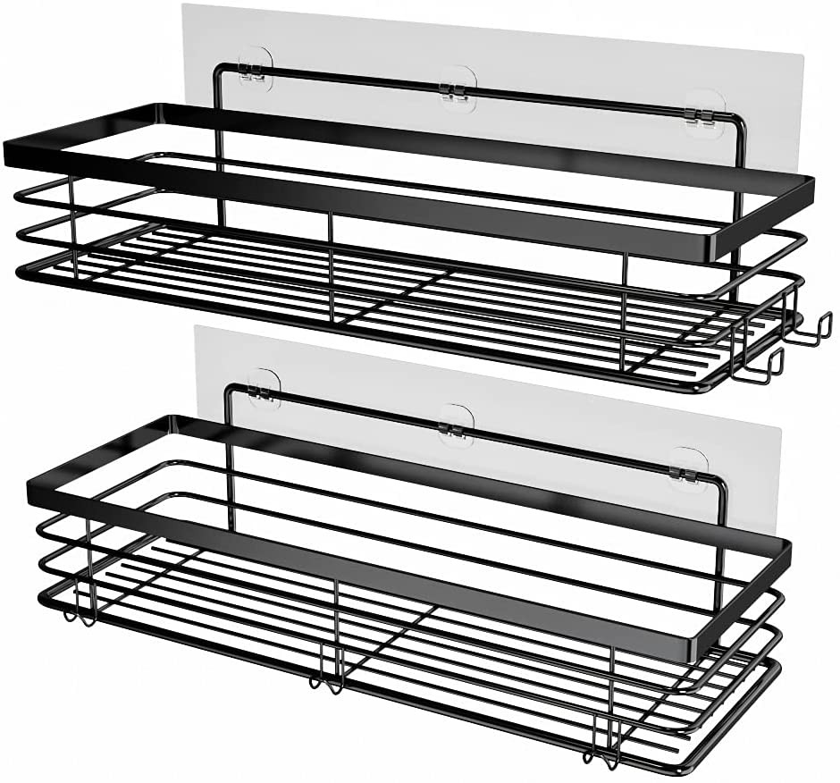 Black Stainless Steel Shower Shelf Basket No Drilling Kitchen Storage Rack