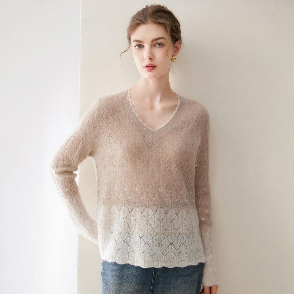 100% Pure Cashmere V-Neck Women's Sweater: Autumn/Winter, Thin, Hollow Knit, Color Block, Loose Fit Top