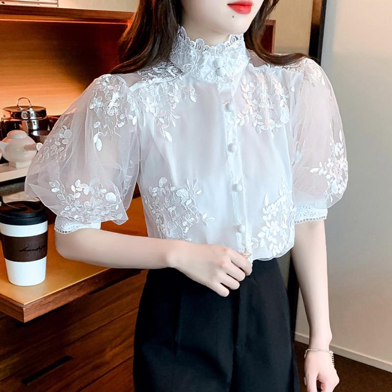 Белая кружевная рубашка с рукавами-фонариками в стиле ретро, модная женская элегантная шифоновая блузка с вышивкой, женские сетчатые летние топы Mujer Blusas 25068