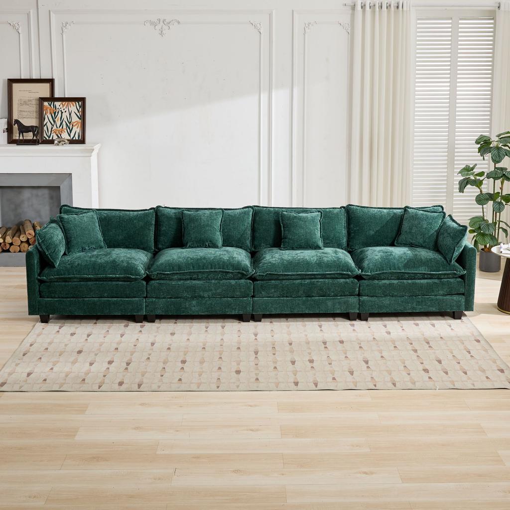 Cloud Sofa 4 Seats (Ottoman is not included), Sectional Couch, Double Layer Upholstered Seat Cushion, Breathable Chenille Fabric,Green,DEFO5014GN