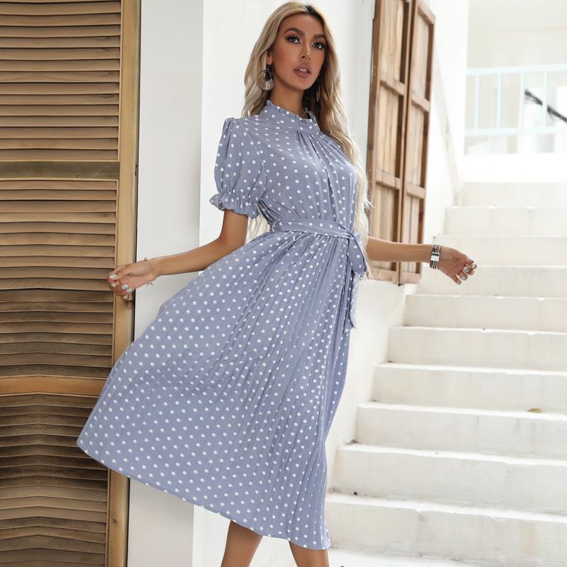 YYFS Женская мода Летние повседневные платья в горошек с коротким рукавом и круглым вырезом