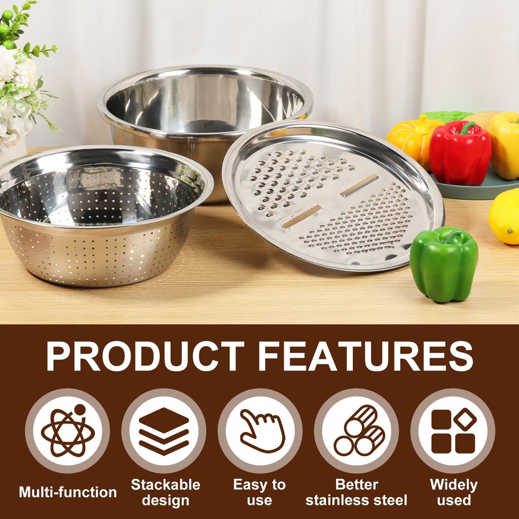 3Pcs Stainless Steel Basin with Grater Multifunctional Stainless Steel Basin Strainer Set Stackable Fruit Washing Bowl for Home