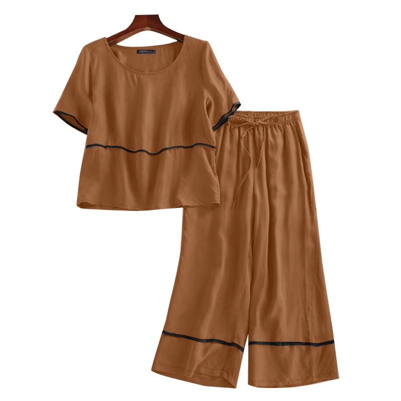 ZANZEA Женский летний комплект из двух частей: блузка с коротким рукавом и брюки
