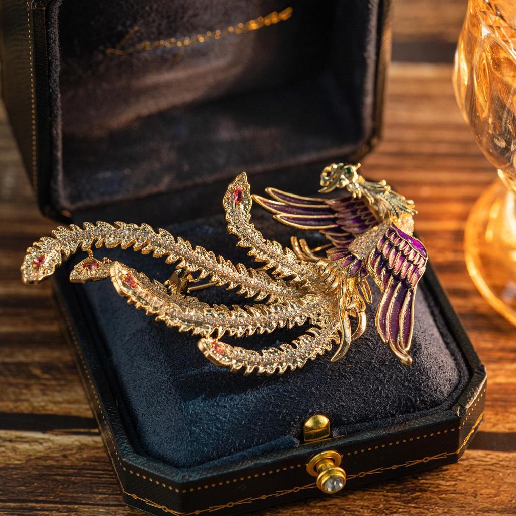 Boxin Cloud Chinese Gold Phoenix Enamel Brooch - Elegant Women's Niche Design