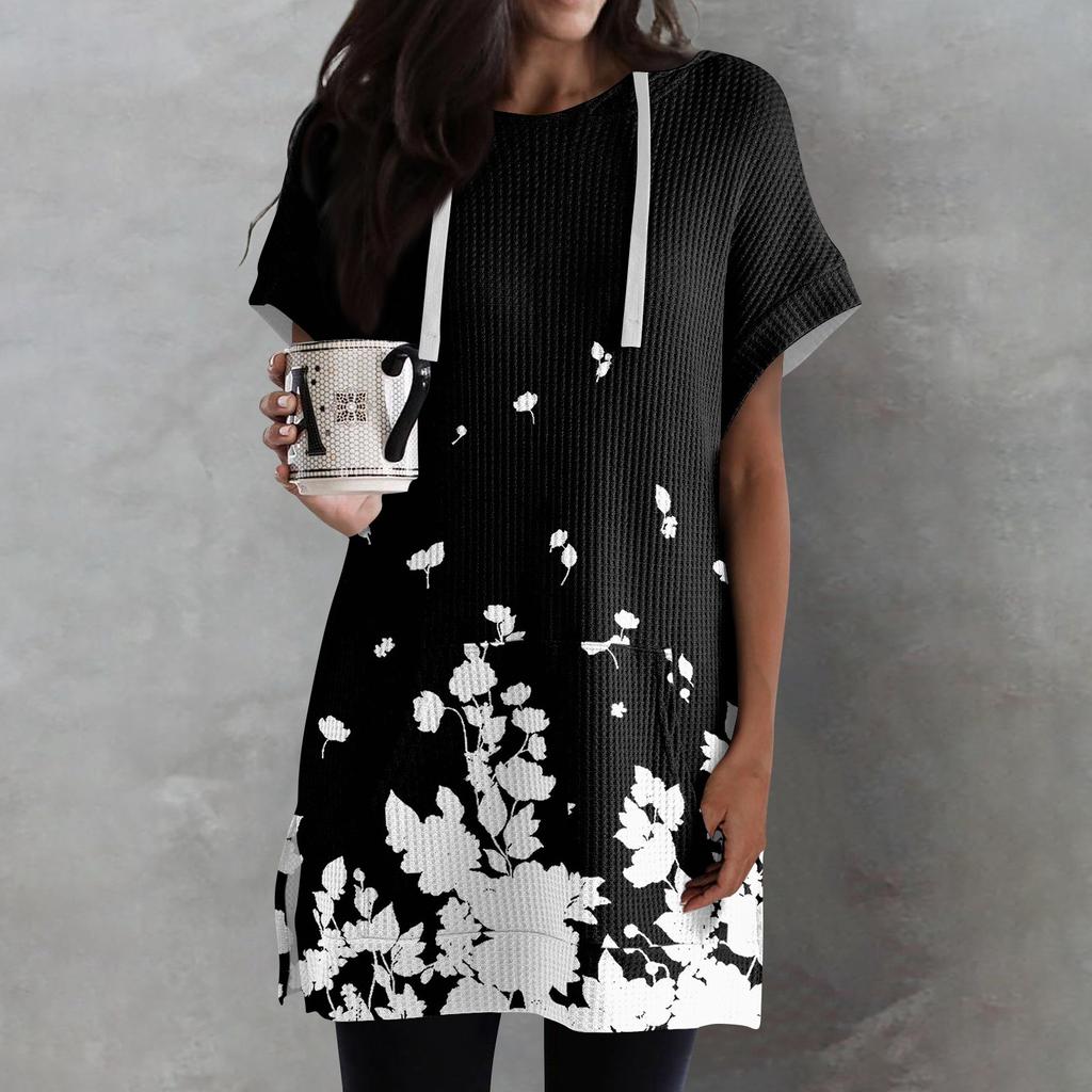 Женские свободные рубашки с принтом, толстовки с короткими рукавами и шнурком, вязаная туника с боковыми разрезами, топы с капюшоном и карманом