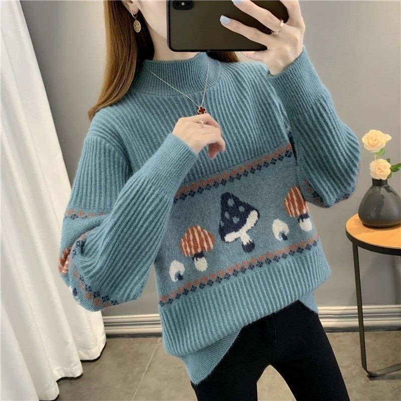 Sweater for Women's Autumn and Winter New Style Plus Velvet Thickened Half Turtle Neck Knitted Base Short Loose Jacquard Top