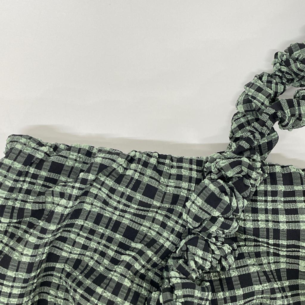 GANNI Green x Black Nylon Blend Seersucker Check Off-Shoulder One-Piece dress 32 Green x blackUsed