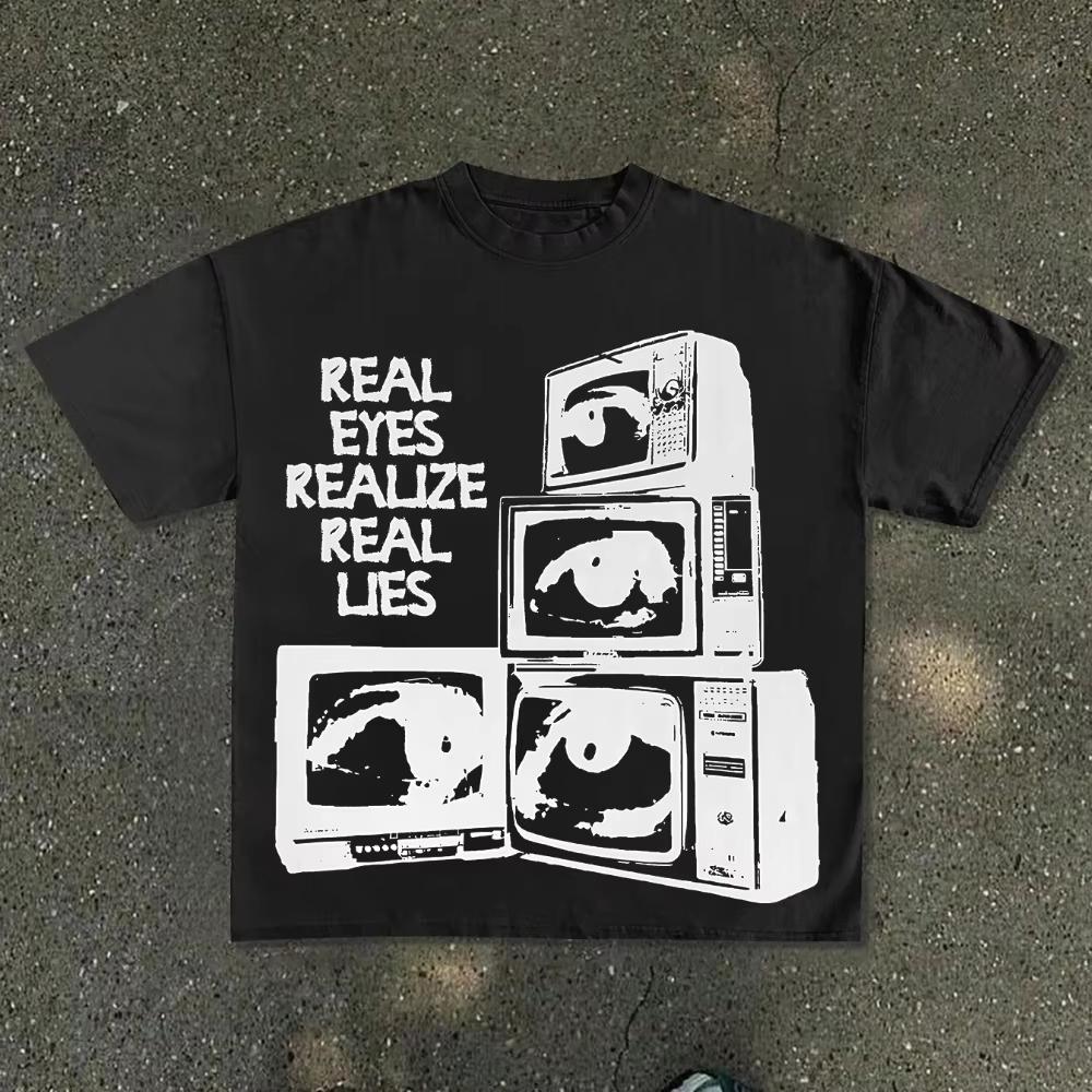 Unisex Tshirt Retro Old Tv Eyes Graphic Tee Crew Neck Short Sleeve Real Eyes Realize Real Lies Quote Punk Streetwear Top