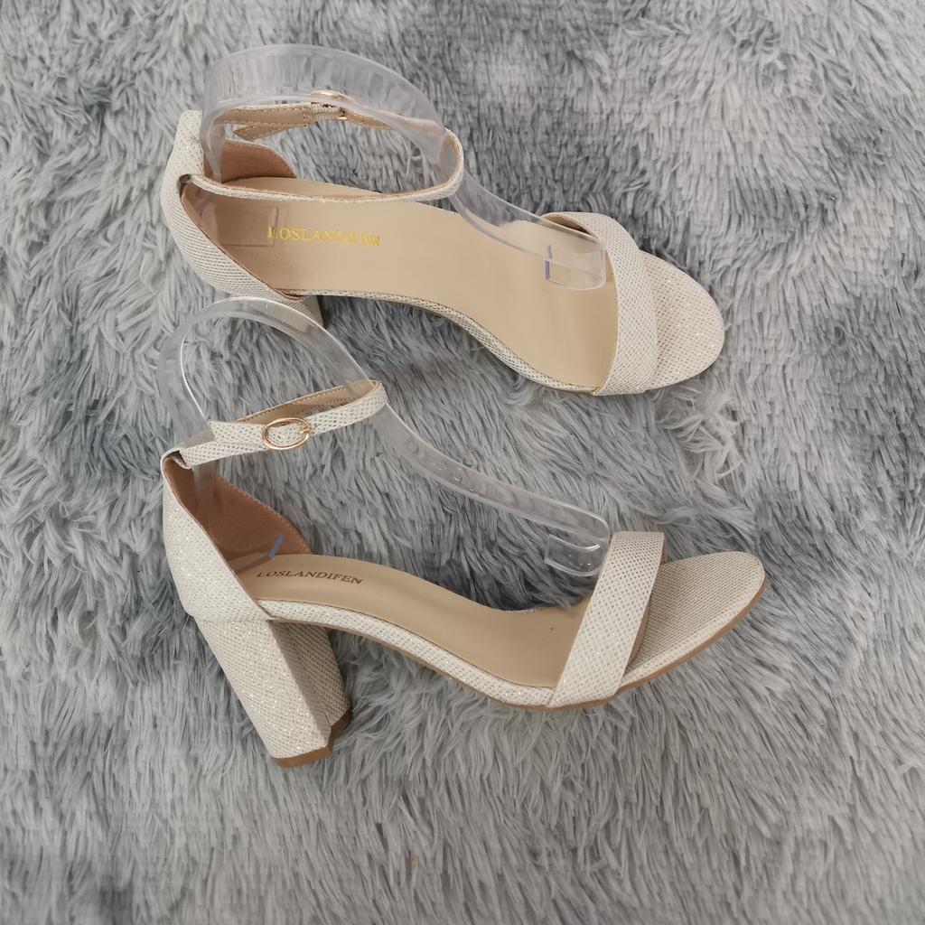 LOSLANDIFEN/женские сандалии с блестками, сексуальные сандалии с открытым носком на толстом высоком каблуке 8 см и ремешком с пряжкой, вечерние свадебные туфли серебристого и золотого цвета