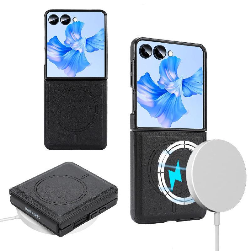 Samsung Z Flip7 Wireless Charging Phone Case with Magnetic Tri-fold Card Holder, Leather Sticker, Velvet Inner, 6-Level Protection.