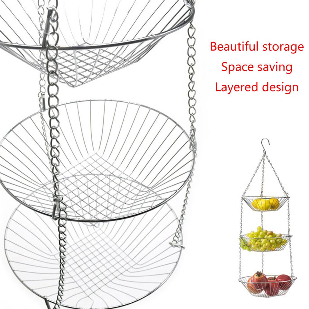 3 Tiers Fruit Basket Vegetable Kitchen Storage Baskets Wire Chain Hanging Space Saving Fruit Plant Storage Basket Decor