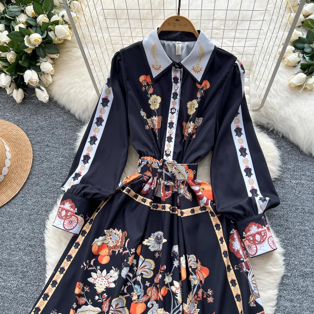 Весна-лето Женские дизайнерские винтажные принты Подиумные платья с отложным воротником Длинное макси-платье-рубашка с поясом