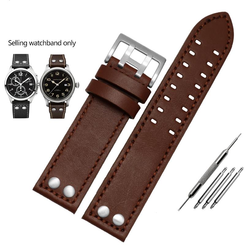 ОДИННатуральная кожаный ремешок для часов Hamilton Khaki Aviation Field Series Мужской ремешок Браслет с заклепками Коричневый 20мм 22ммMN