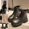 2024 Autumn/Winter New British Style Short Boots Heightened Black Motorcycle Short Boots Women's Fashion Thick Sole