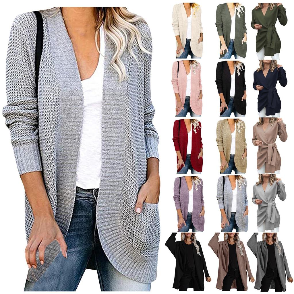 Женский повседневный свитер, однотонный свитер средней длины с длинными рукавами, женское пальто