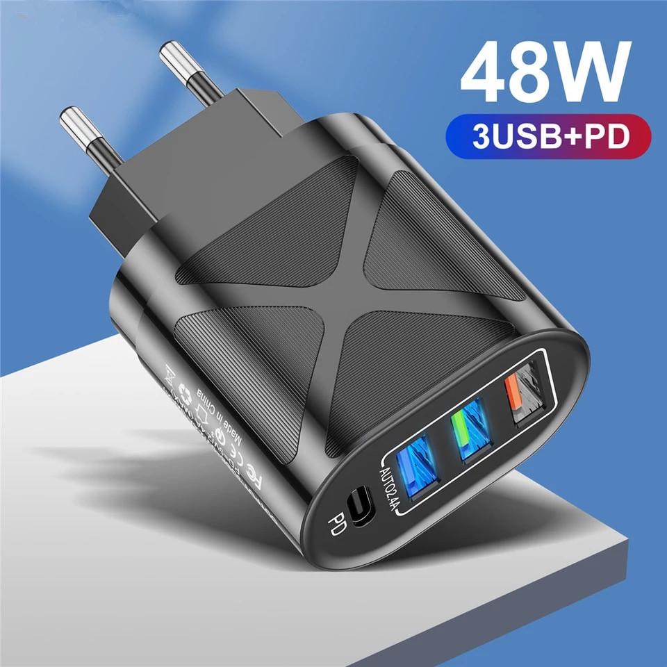 Многопортовое зарядное устройство с 3 USB + быстрой зарядкой PD (Стандарт США/ЕС/Великобритании)