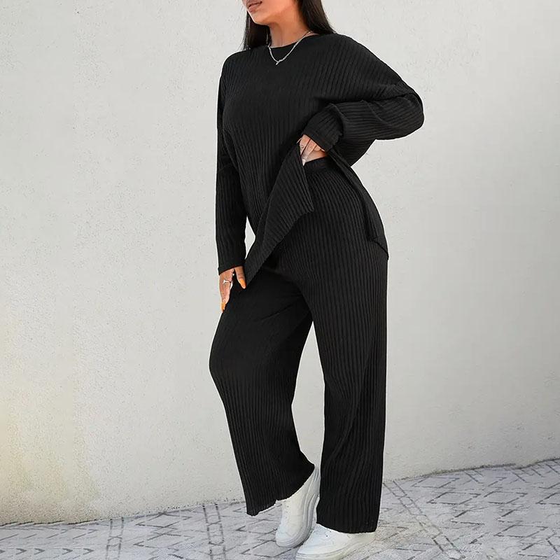 Women Plus Size Ribbed Lounge Set Crew Neck Top Wide Leg Pants 2 Piece Outfit