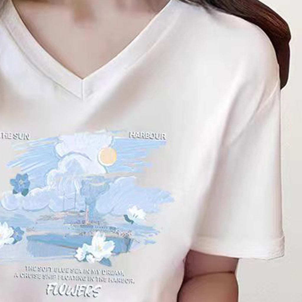 2025 Summer New Oil Painting Style Lazy Fashion Versatile Daily Look Slimming V-neck Short-sleeved T-shirt