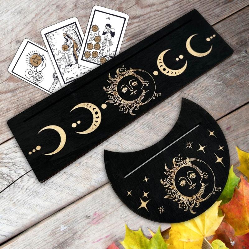 Moon Shape and Rectangle Cards Holder for Witch Divinations Tools Wood Tarot Cards Stand Holder Moon Phases Altar Base