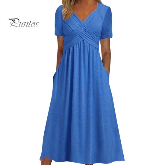 Женское летнее платье с плиссированным ремешком и V-образным вырезом с короткими рукавами, однотонное платье с карманами трапециевидной формы со свободным подолом, дышащее мягкое платье миди для свиданий
