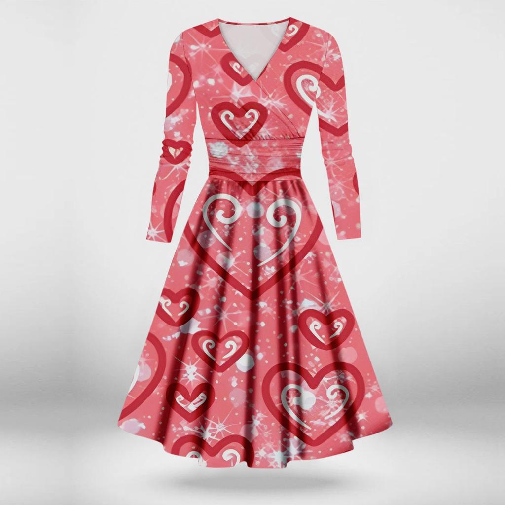 Женское модное повседневное платье с принтом ко Дню святого Валентина, длинными рукавами и V-образным вырезом, сексуальное платье