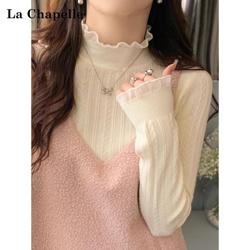 White Semi-turtleneck Fungus Edge Bottoming Shirt Women's Spring and Autumn Sweater with Long-sleeved Lace Knitted Top