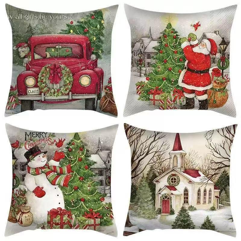 European Christmas Linen Cushion Cover: Digital Print Sofa Decor
