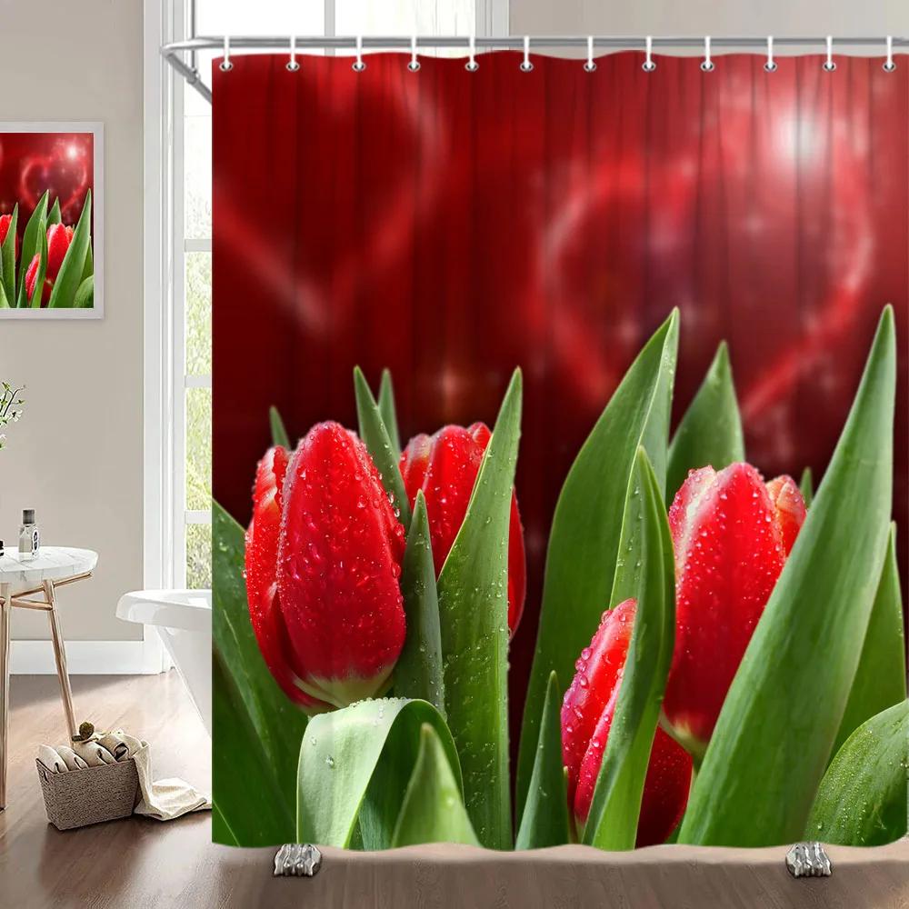 Занавеска для душа на День святого Валентина, Сердце из роз, Романтическое растение, Любовь, Губная помада, Полиэстер, Принт, Украшение для ванной комнаты