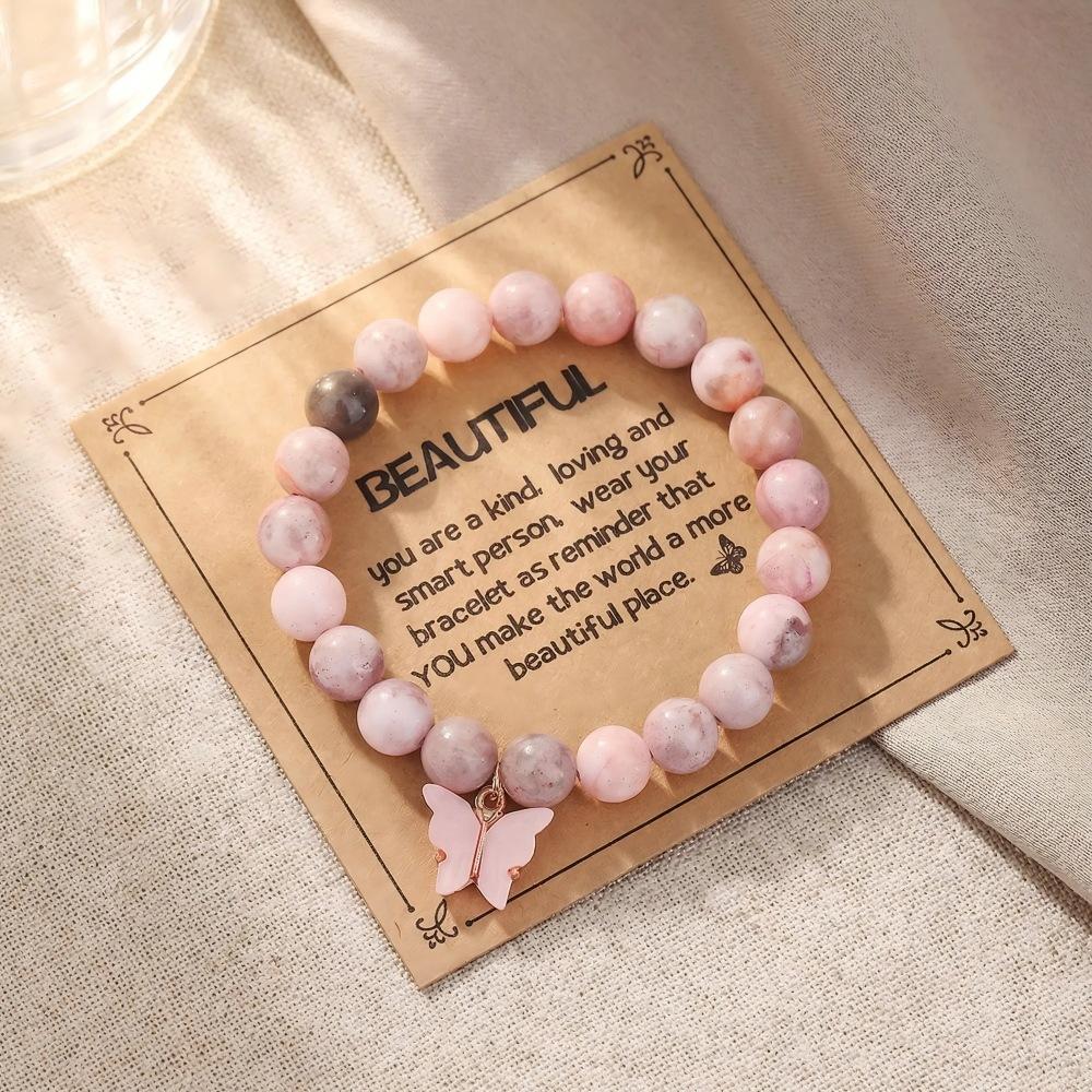 Natural stone beaded bracelet pink woven bracelet butterfly turtle animal pendant with card inspirational jewelry